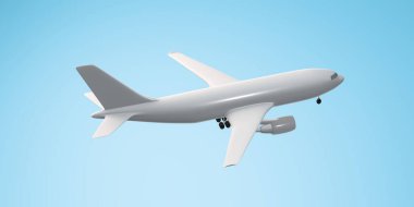 3D görüntüleme, havalanmak üzere uçan uçağın kapatılması, kopyalanmak için boş alan, izole edilmiş mavi gökyüzü arkaplanı.