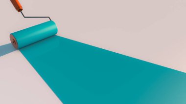 3D görüntüleme, paten boyama fırçasının kapatılması gerçekçi yeşil mavi renkler üzerinde taklit, kopya için boş alan, beyaz arkaplanda güneş ışığı.
