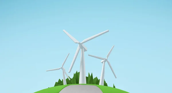 3D görüntüleme, beyaz türbinlerin ve manzaraların gerçekçiliği, ECO şehir konsept tasarımı, metin için boş alan, mavi gökyüzü renk arkaplanı.