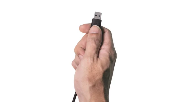 Close Shot Man Hand Showing Black Usb Data Cable Ready — Stock Photo, Image
