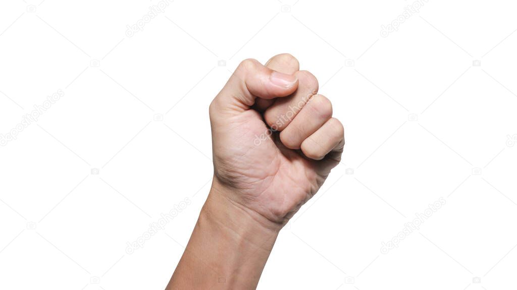 Close up of male fist up, don't give up gesture symbolic concept, isolated on white background.