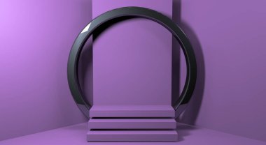 3d görüntüleme, gerçekçi taklit gümüş daire dekorasyonlu mor kaide, geometrik şekil platformları ürün sunum konsepti tasarımı için, boş boşluk kopyalama için, 