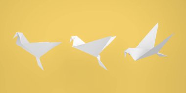 3D görüntüleme, soyut taklit üç beyaz origami kağıt kuş uçuşu, farklı kenar görüş, özgürlük ve barışçıl sembol kavramı, izole edilmiş sarı arkaplan.