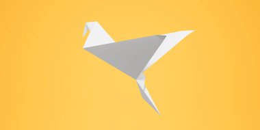 3D görüntüleme, soyut taklit beyaz origami kağıt kuş uçuş, özgürlük ve barışçıl sembol konsepti, izole sarı arkaplan.