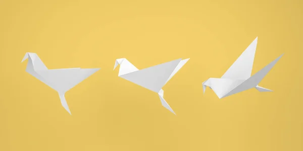 3D rendering, Abstract mock up of three white origami paper bird flying, different side view, freedom and peaceful symbol concept, isolated yellow background.