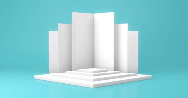 Ürün sunumu için beyaz sahne, podyum veya boş kaide, asgari ve modern konsept biçimi, yeşil arkaplan üzerinde izole edilmiş 3D canlandırma, gerçekçi taklit