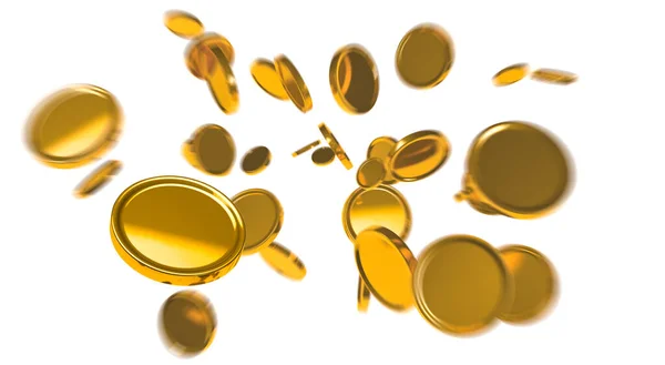 3D görüntüleme, Altın sikkelerin ya da ön plana seçici bir şekilde odaklanan paranın taklidi, gerçekçi parlak yansıma paraları, ikramiye konsepti, beyaz arka planda izole edilmiş..