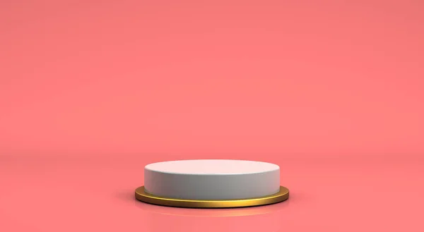 3D görüntüleme, gerçekçi taklit beyaz ve altın kaide, geometrik daire şekli, kırmızı ve pembe renk arkaplan, ürün sunum tasarım konsepti. 