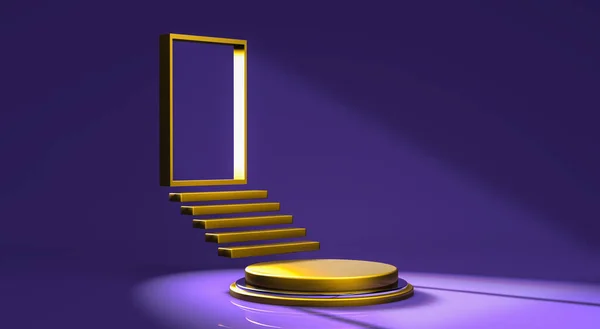 Rendering Realistisk Modell Guld Piedestal Trappa Och Dörr Med Belysning Stockbild