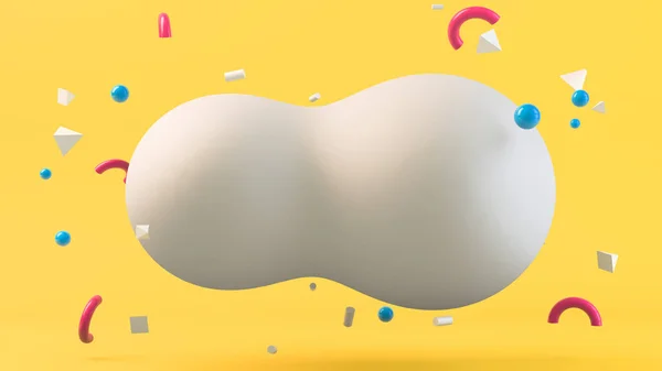 3D görüntüleme, soyut geometrik şekiller beyaz balonla uçuyor, kopya veya tasarım için boş alan, minimalist tasarım konsepti reklamı, sarı arka planda gerçekçi ilkeller.