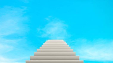 3D görüntüleme, soyut beyaz merdiven mavi gökyüzüne çık, cennete ya da cennete git, gerçekçi arka plan taklidi yap..   