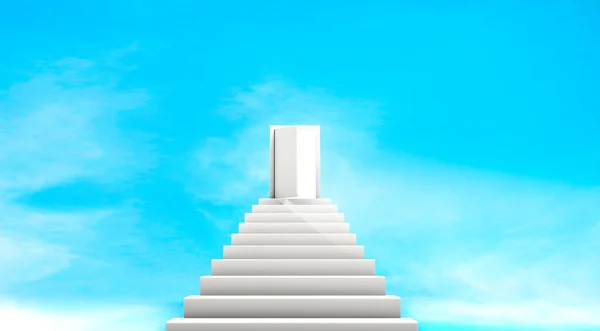 Renderização Abstract Escada Branca Até Porta Caminho Para Céu Paraíso — Fotografia de Stock