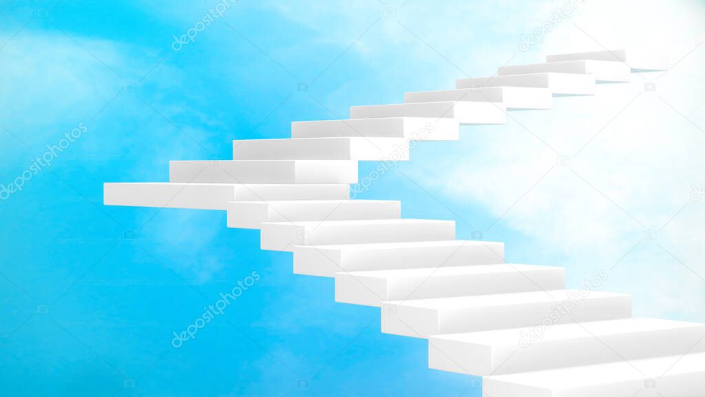 3D rendering, White staircase for step up to the sky, way to heaven or paradise, perspective view, realistic mock up on blue sky background.