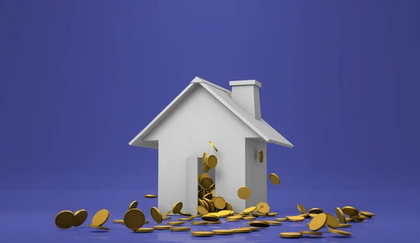 3D görüntüleme, altın madeni para patlaması gerçekçiliği Beyaz Saray 'ın dışında taklit, finansal ya da iş fikri konseptini aşma, mavi arka planda parlak yansıma.