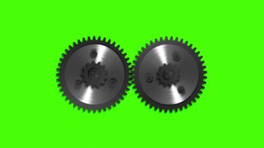 Yeşil ekran arka planında dönen iki metal dişlinin 3 boyutlu canlandırması, kusursuz döngü canlandırması.