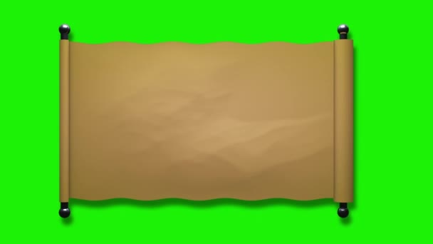 3D年代久远的羊皮纸卷从左到右展开 带着进进出出的镜头 空白的空间 绿色的屏幕背景 — 图库视频影像