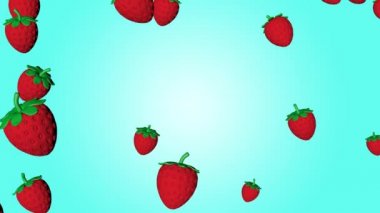 3D karikatür çileği üst ekrandan düşüyor, kusursuz döngü animasyonu, pastel mavi arkaplan.