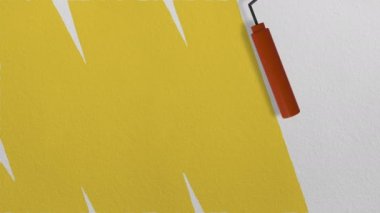 Beyaz beton desenli duvara sarı renk boyalı 3D Roller koleksiyonu, kopya veya fikir tasarımınız için boş alan, arkaplan için iç ve sanat tasarımı konsepti. 