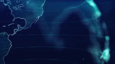 Dijital ve teknoloji üzerinde dönen 3D animasyon, izleme kamerası sahnesi olan fütüristik hologram, soyut küresel iş konsepti, ara veya sunum için tasarım.