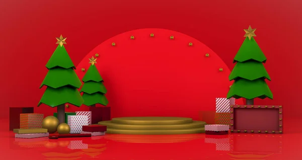 Rendering Mock Astratto Visualizzazione Decorazione Alberi Natale Con Scatola Regalo — Foto Stock