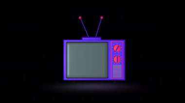 Dönen Retro Televizyon 3D modelleme, kusursuz döngü animasyonu, gerçekçi çizgi film tarzı fikir, izole edilmiş karanlık arkaplan.