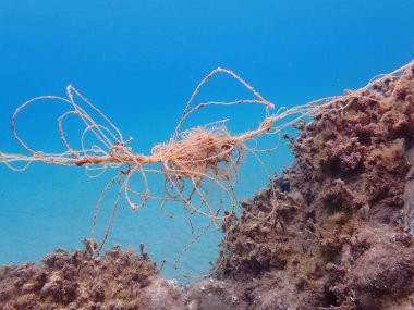 Suyun altında, Ege Denizi 'nde, Yunanistan' da, Halkidiki 'de, Pirgos sahilinde kayıp balık oltası. Deniz kirliliği.