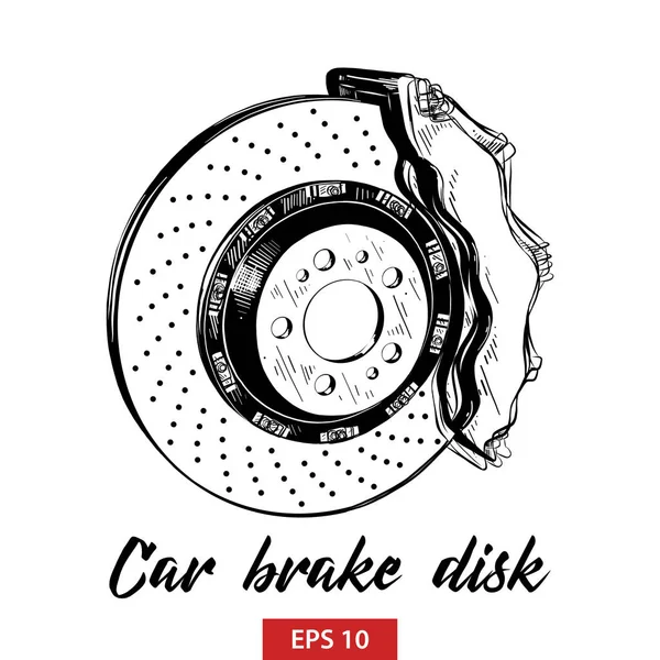 Posterler, süsleme ve baskı için oyulmuş stil illüstrasyon vektör. El araba fren disk siyah beyaz arka plan üzerinde izole çizilmiş kroki. Vintage gravür tarzı çizim ayrıntılı.