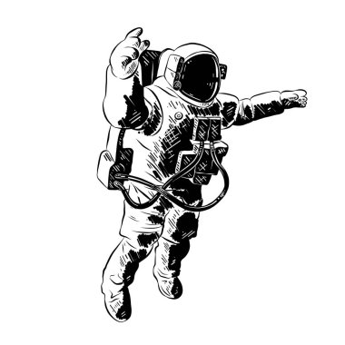 Posterler, süsleme ve baskı için oyulmuş stil illüstrasyon vektör. El astronot siyah beyaz arka plan üzerinde izole çizilmiş kroki. Vintage gravür tarzı çizim ayrıntılı.
