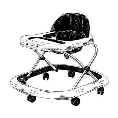 Posterler, süsleme ve baskı için oyulmuş stil illüstrasyon vektör. El yürüteç siyah beyaz arka plan üzerinde izole çizilmiş kroki. Vintage gravür tarzı çizim ayrıntılı.