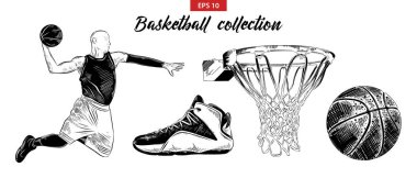 Vector engraved style illustration for posters, decoration and print. Hand drawn sketch set of basketball player, shoe, ball and basket isolated on white background. Detailed vintage etching drawing. clipart