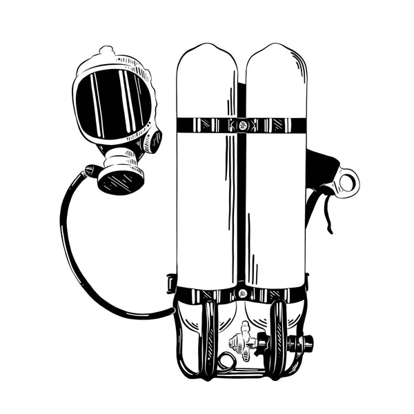 ベクトルのポスター 装飾や印刷の刻まれたスタイルのイラスト 白い背景に分離された黒のダイビング機器の手描きのスケッチ 精密エッチング ビンテージ スタイル図面 — ストックベクタ