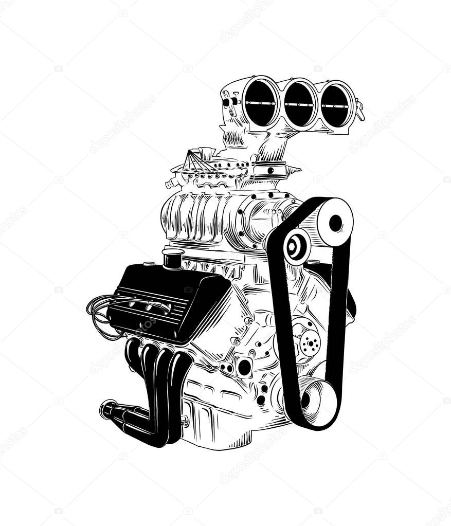 Vector engraved style illustration for posters, decoration and print. Hand drawn sketch of car engine in black isolated on white background. Detailed vintage etching style drawing.