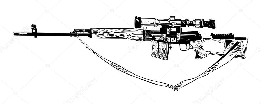 Vector engraved style illustration for posters, decoration and print. Hand drawn sketch of sniper rifle in black isolated on white background. Detailed vintage etching style drawing.