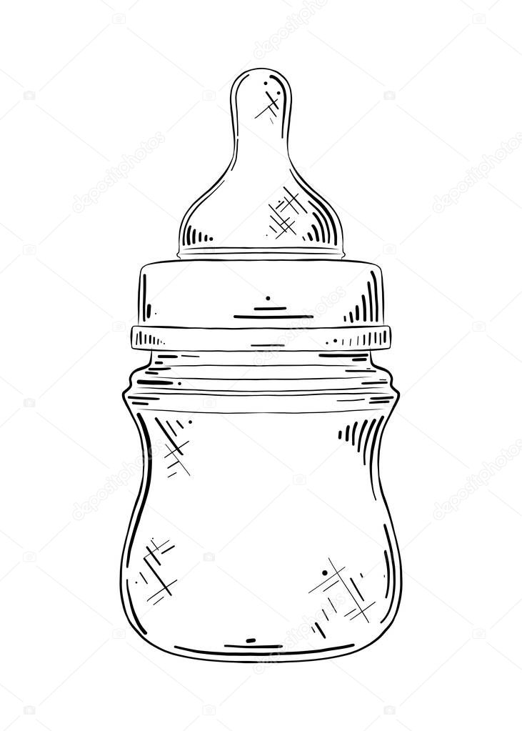 Vector engraved style illustration for posters, decoration and print. Hand drawn sketch of baby nipple bottle in black isolated on white background. Detailed vintage etching style drawing.