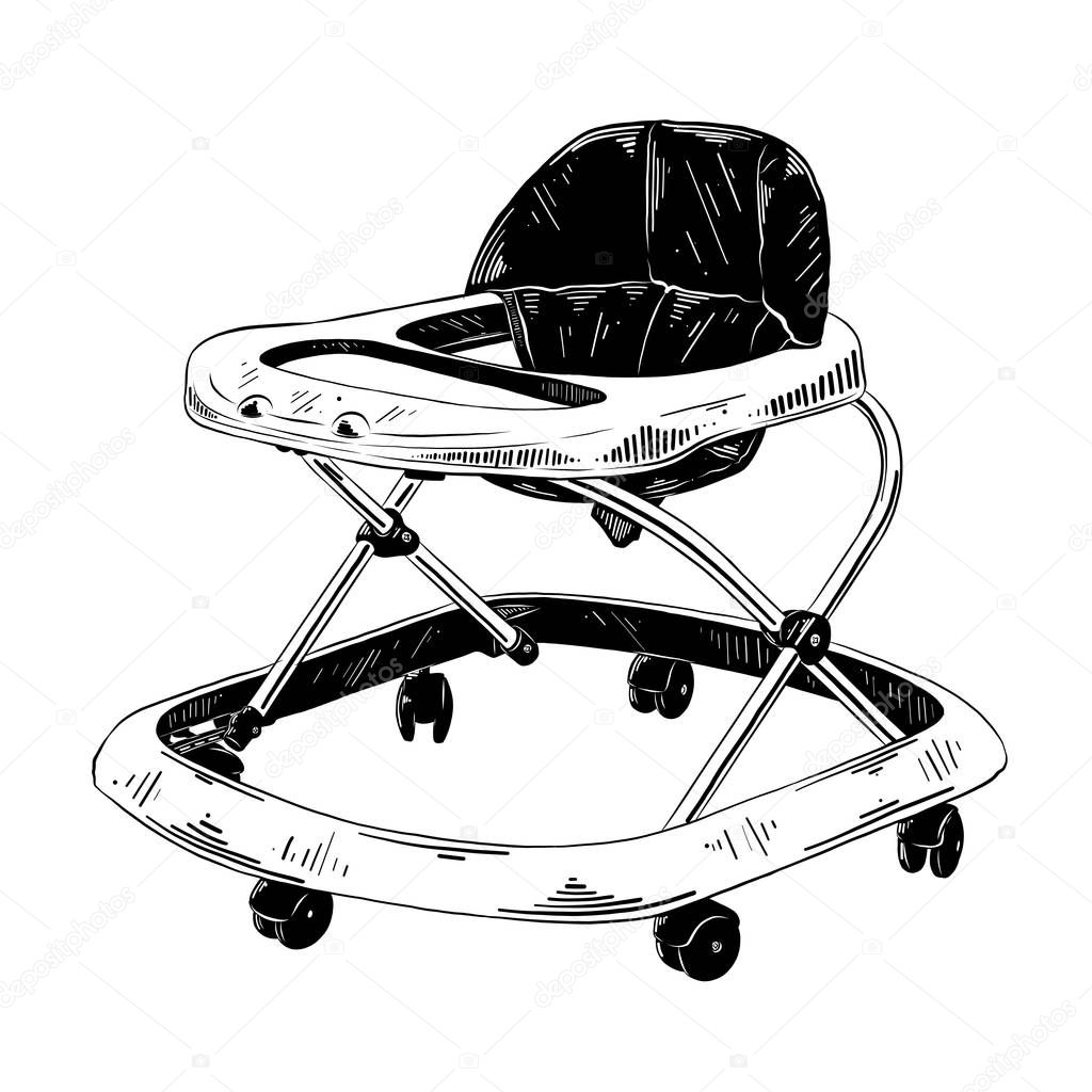 Vector engraved style illustration for posters, decoration and print. Hand drawn sketch of baby walker in black isolated on white background. Detailed vintage etching style drawing.