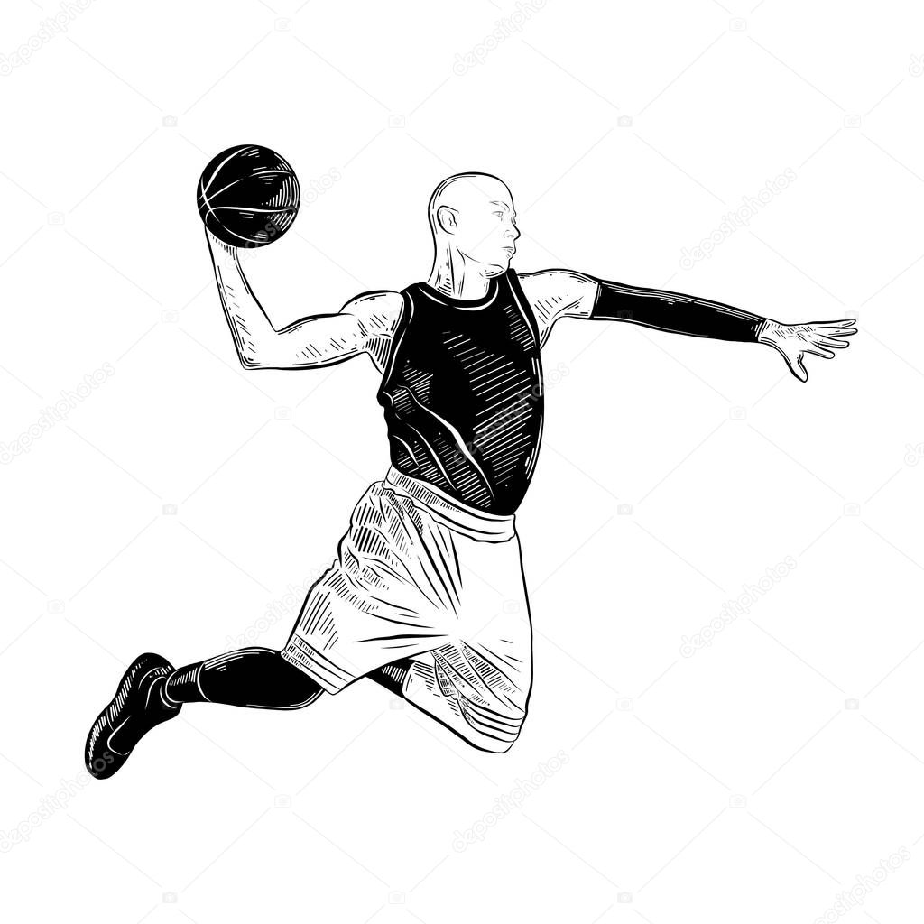 Vector engraved style illustration for posters, decoration and print. Hand drawn sketch of basketball player in black isolated on white background. Detailed vintage etching style drawing.