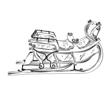 Posterler, süsleme ve baskı için oyulmuş stil illüstrasyon vektör. El Siyah beyaz arka plan üzerinde izole kızakta Noel çizilmiş kroki. Vintage gravür tarzı çizim ayrıntılı.