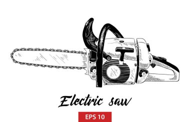 Posterler, süsleme ve baskı için oyulmuş stil illüstrasyon vektör. El elektrikli testere Aracı'nın siyah beyaz arka plan üzerinde izole çizilmiş kroki. Vintage gravür tarzı çizim ayrıntılı.
