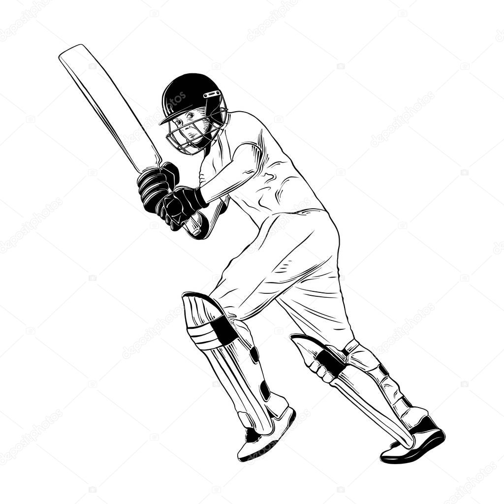 Vector engraved style illustration for posters, decoration and print. Hand drawn sketch of cricket player in black isolated on white background. Detailed vintage etching style drawing.