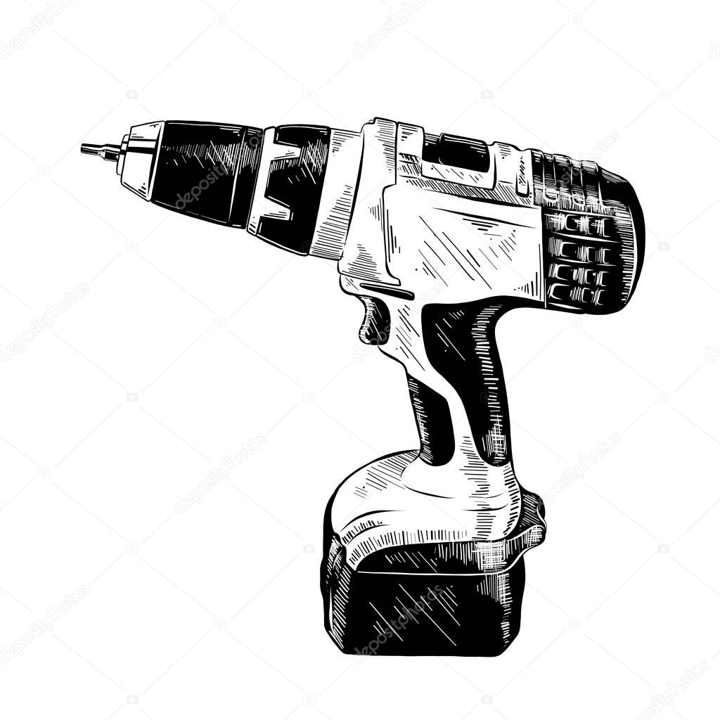 Vector engraved style illustration for posters, decoration and print. Hand drawn sketch of electric drill tool in black isolated on white background. Detailed vintage etching style drawing.