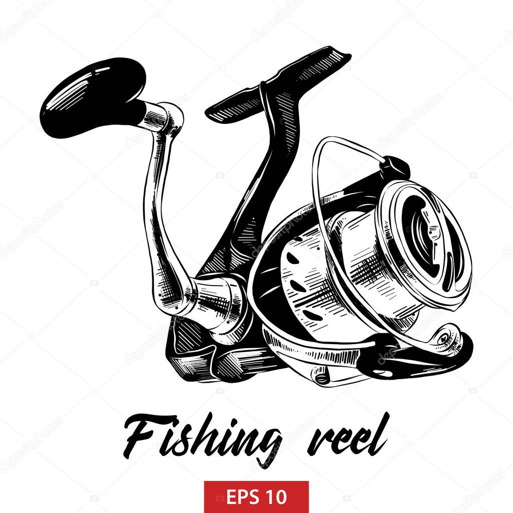 Vector engraved style illustration for posters, decoration and print. Hand drawn sketch of fishing reel in black isolated on white background. Detailed vintage etching style drawing.