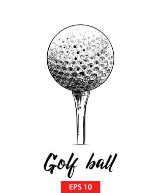 Posterler, süsleme ve baskı için oyulmuş stil illüstrasyon vektör. El golf topu siyah beyaz arka plan üzerinde izole çizilmiş kroki. Vintage gravür tarzı çizim ayrıntılı.