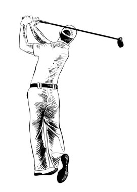 Posterler, süsleme ve baskı için oyulmuş stil illüstrasyon vektör. El çizilmiş kroki golfçü siyah beyaz arka plan üzerinde izole. Vintage gravür tarzı çizim ayrıntılı.