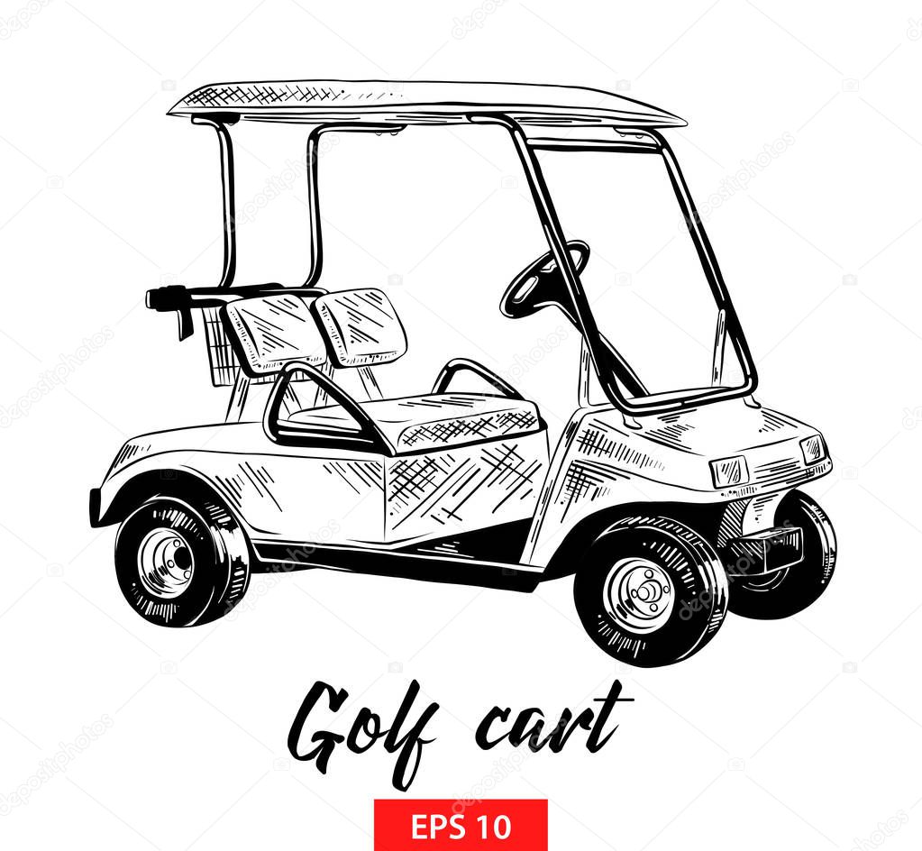 Vector engraved style illustration for posters, decoration and print. Hand drawn sketch of golf cart in black isolated on white background. Detailed vintage etching style drawing.