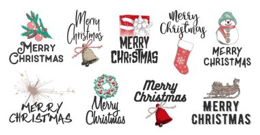 Poster, dekorasyon ve baskı için tipografi ile oyulmuş stil illüstrasyon vektör. Elle çizilmiş kroki Noel ve Yılbaşı tatil beyaz arka plan üzerinde ayarlayın. Vintage gravür çizim ayrıntılı.