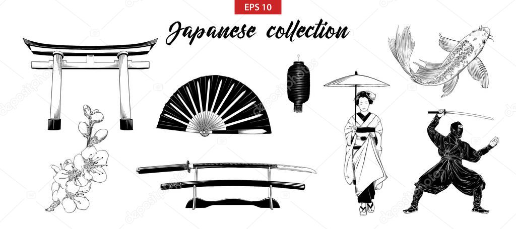 Vector engraved style illustration for posters, decoration and print. Hand drawn sketch set of japanese elements isolated on white background. Detailed vintage etching drawing.