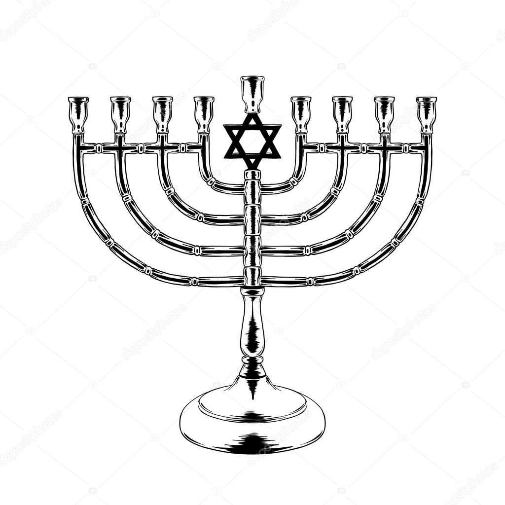 Vector engraved style illustration for posters, decoration and print. Hand drawn sketch of Jewish candlesticks in black isolated on white background. Detailed vintage etching style drawing.