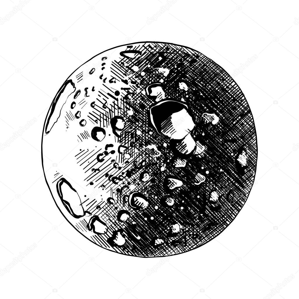Vector engraved style illustration for posters, decoration and print. Hand drawn sketch of moon planet in black isolated on white background. Detailed vintage etching style drawing.