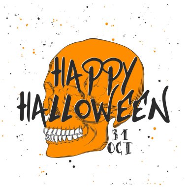 Posterler, süsleme ve baskı için oyulmuş stil illüstrasyon vektör. El kafatası modern tipografi metin ile çizilmiş kroki. Vintage gravür tarzı çizim, Cadılar Bayramı kartı davet için ayrıntılı.