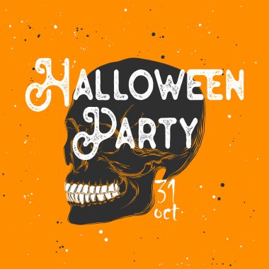 Posterler, süsleme ve baskı için oyulmuş stil illüstrasyon vektör. El kafatası modern tipografi metin ile çizilmiş kroki. Vintage gravür tarzı çizim, Cadılar Bayramı kartı davet için ayrıntılı.